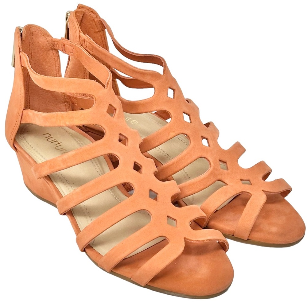 NURTURE THENA Peach Leather Gladiator Strappy Wedge Sandals Size 7